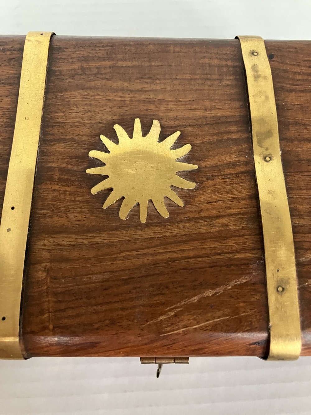 Vintage Wood and Brass Decorative Treasure Box - Sun Motif 8x4x3.5” India‎ - Picture 10 of 13